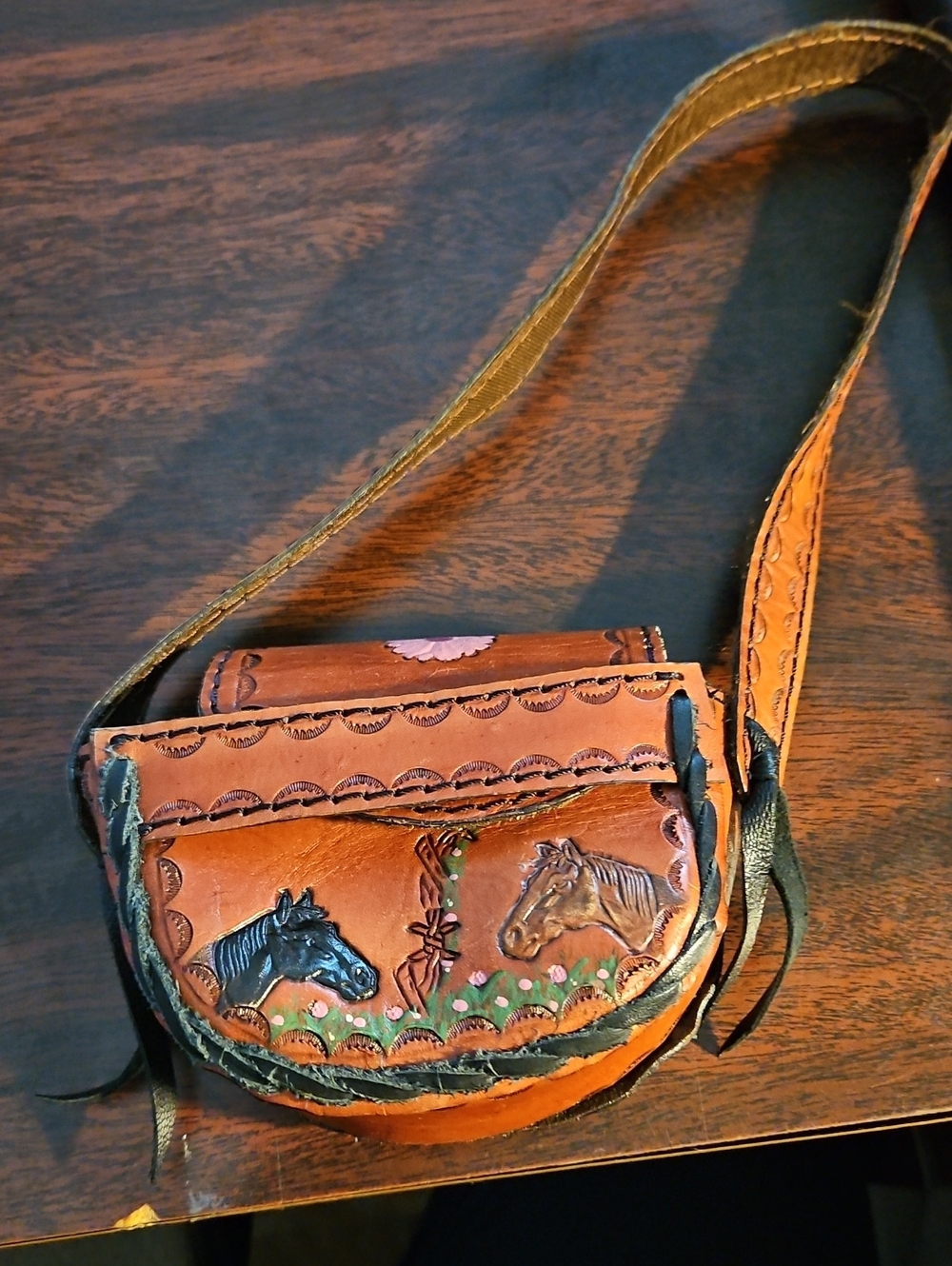 Hand-Tooled Brown Leather Crossbody Bag with Horse Motif